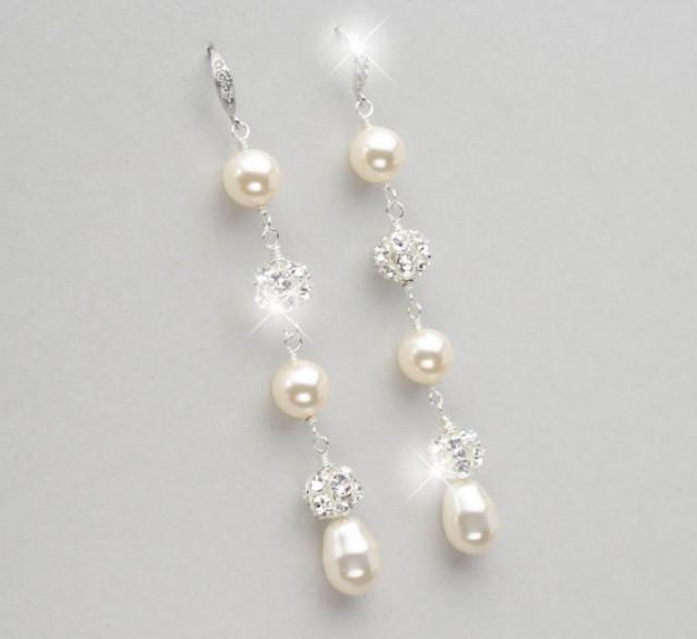 Long Pearl Earrings, Pearl Wedding Earrings, Rhinestone And Pearl ...
