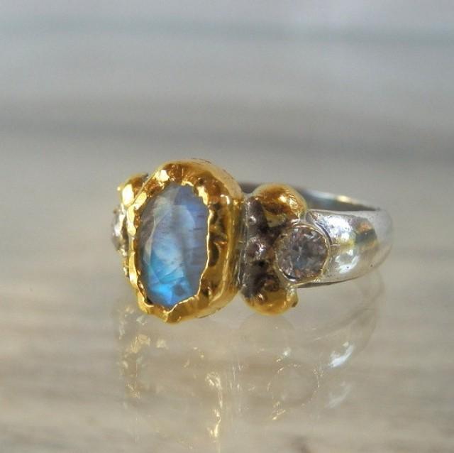 Cubic Zirconia 24K Solid Gold Faceted Moonstone Helena Ring, Organic ...