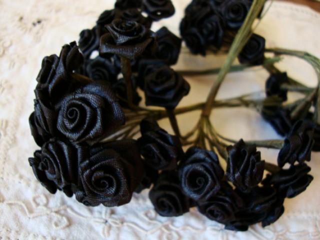 Black Flower Picks Silk Fabric Flowers Roses Wired Stems Millinery ...