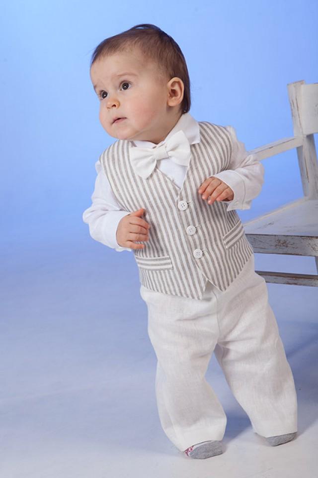 Baby Boy Linen Suit Ring Bearer Outfit Baptism Natural Clothes SET Of 4 ...