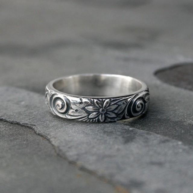 Flower Spiral Sterling Silver Ring Band, Etched Patterned Stacking Ring ...