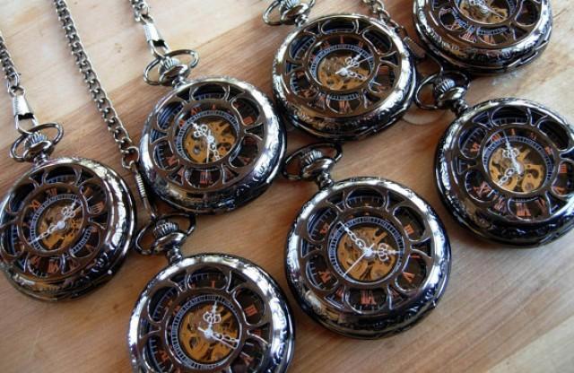 Set Of 7 Groomsmen Gift Pocket Watch Metal Black Mechanical With Chain Personalized Engravable Ships From Canada 2237567 Weddbook