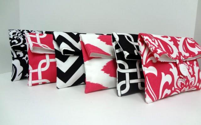 Bridal Party Set Of 6 Bridesmaid Clutches Hot Pink And Black Wedding ...