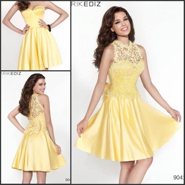 Yellow 2015 Tarik Ediz Short Prom Dresses With Lace Wrap A-Line ...