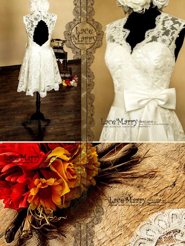 Knee Length Lace Wedding Dress Features V-Cut Neckline And Keyhole Open ...