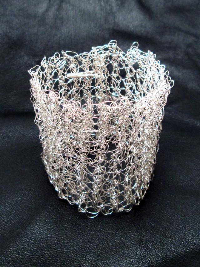 Wire Crocheted Bracelet, Wide Statement Cuff, Silver Plated, Mesh ...