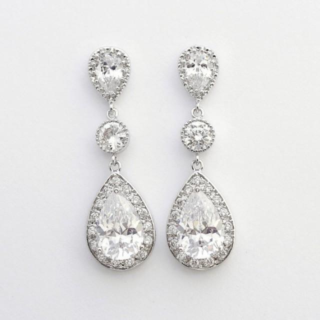 Bridal Crystal Earrings Silver Posts Large Pear Cut Cubic Zirconia Drop ...