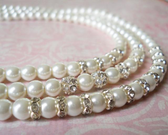 Bridal Jewelry Necklace, Multistrand Pearl Necklace, Pearl Rhinestone ...