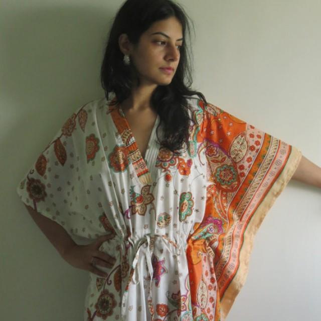 White Orange Floral Bordered Kaftan - Pajamas To Live In, Beachwear ...