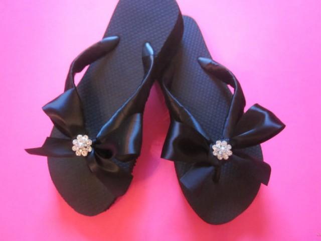 Wedding Shoes Flip Flop Wedges In Black For The Bridal Party.Rhinestone ...