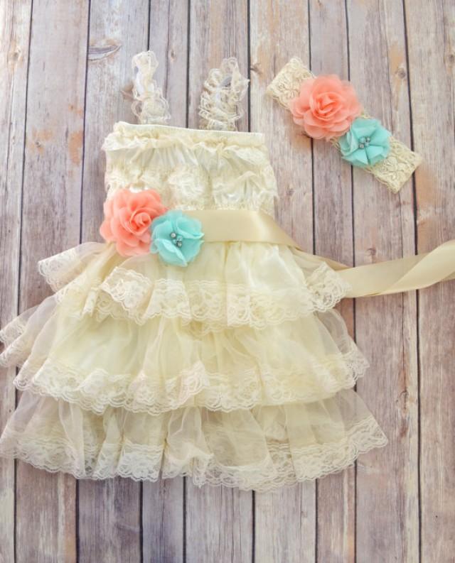 Coral Mint Ivory Lace Flower Girl Dress Headband Set, Peach Wedding ...