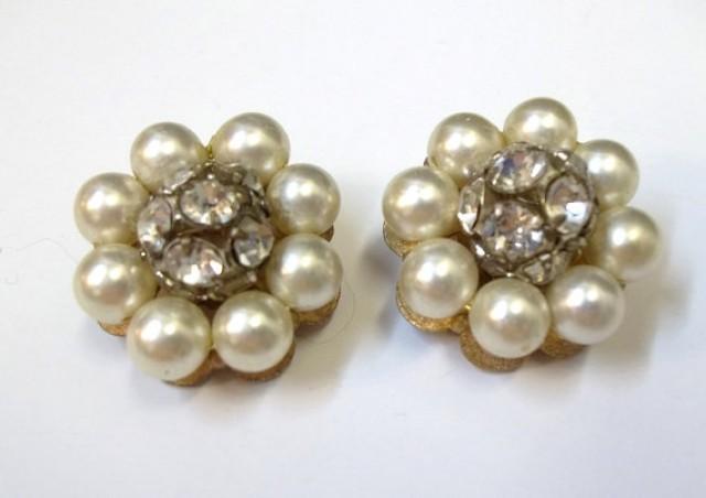 Vintage Ivory Pearl Rhinestone Earrings Clip On Rhinestone Pearl ...