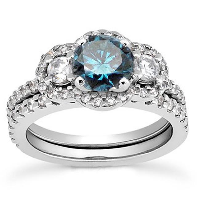 1.75CT 3-Stone Blue Diamond Engagement Ring Matching Wedding Pave Band ...