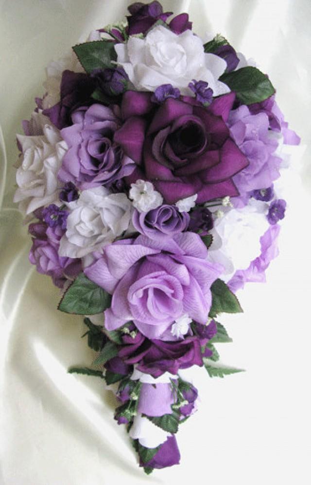 Free Shipping Wedding Bouquet Bridal Silk Flowers Cascade Plum PURPLE ...