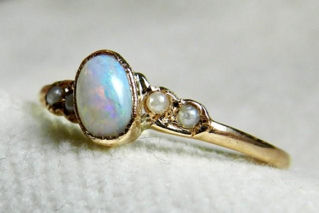 Opal Engagement Ring, Rose Gold Australian Blue Opal Seed Pearl Ring ...