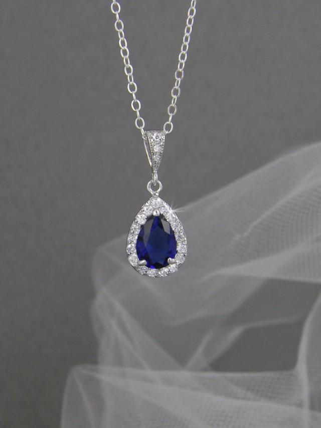 Crystal Bridal Necklace, Sapphire Blue Wedding Jewelry, Crystal Drop ...