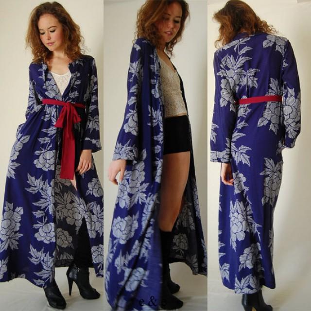 Japanese Kimono Vintage Dark Blue Graphic Floral Asian Ethnic Boho ...