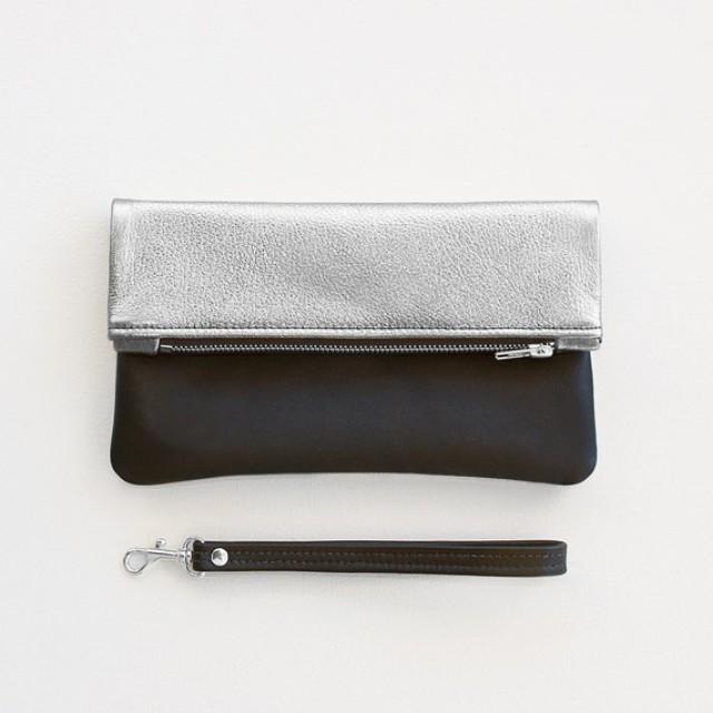 Silver And Black Fold Over Clutch, Metallic Silver And Black Leather ...