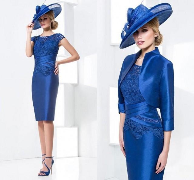 Royal Blue Lace Satin Mother Dresses 2015 Sheer Cap Sleeves Sheath Knee ...
