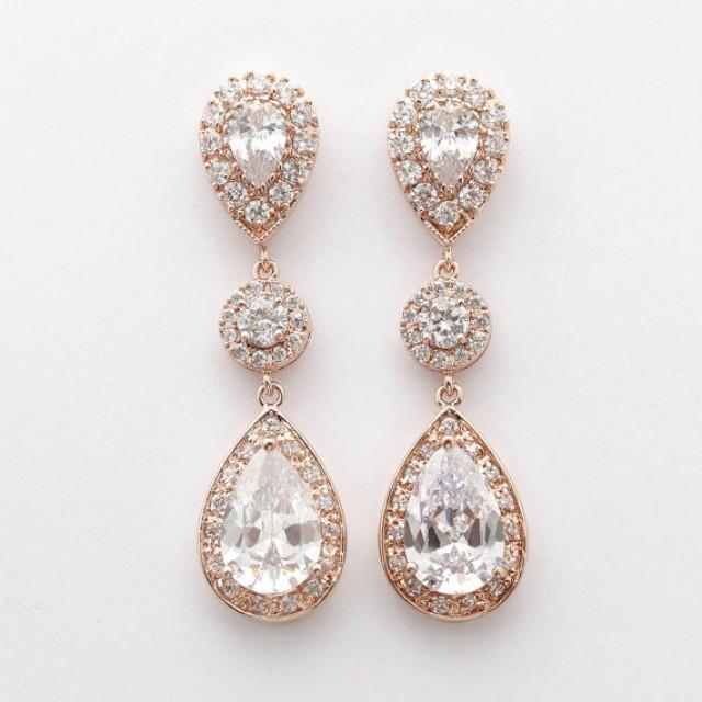 Rose Gold Bridal Earrings Wedding Jewelry Large Cubic Zirconia Teardrop ...