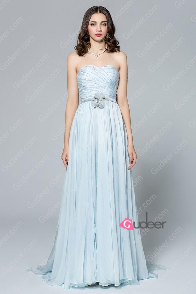 Muted Blue Beaded Long Chiffon Flower Attached Bridesmaid Dress ...