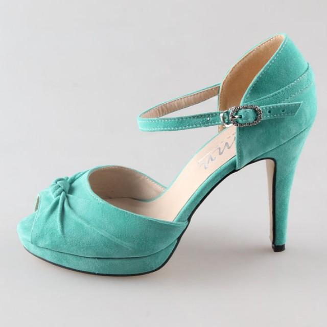 Pale Green Blue Mint Sheepskin Leather Shoes , Suede Leather D'orsay ...