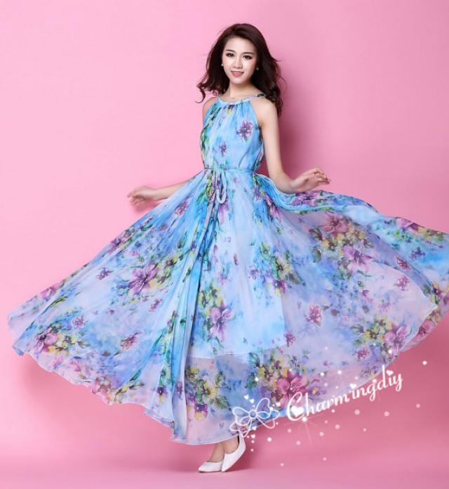 29 Colors Chiffon Blue Flower Long Party Dress Evening Wedding ...
