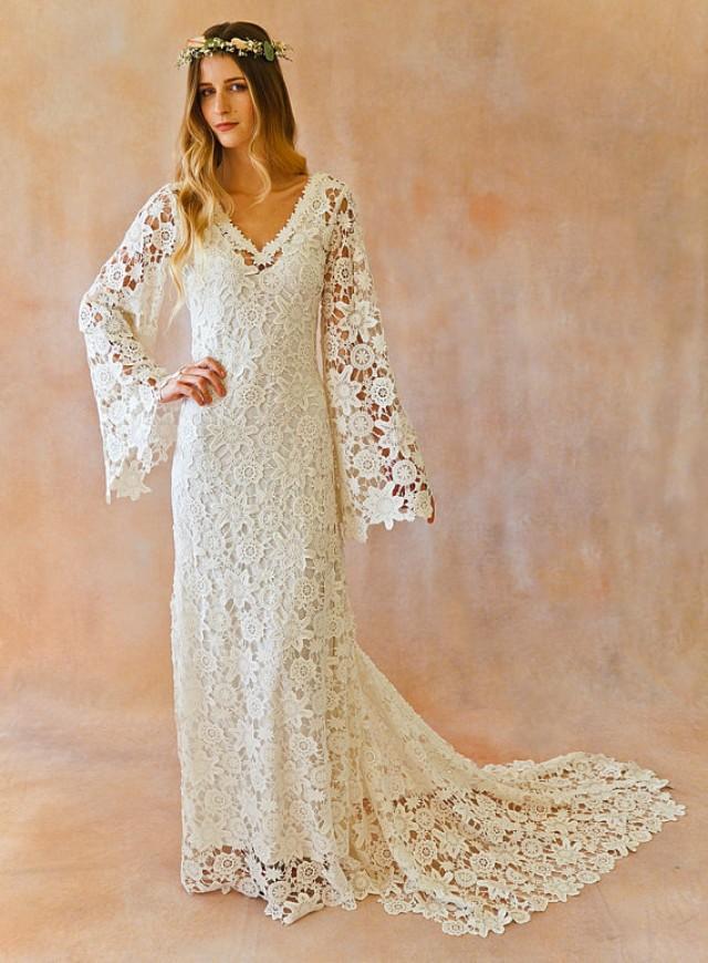 BOHO WEDDING DRESS. Bell Sleeve Simple Crochet Lace Bohemian Wedding ...