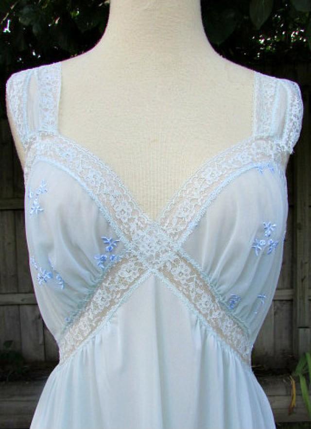 Vintage 50s Van Raalte Baby Blue Long Nightgown Lace Embroidered Trim ...