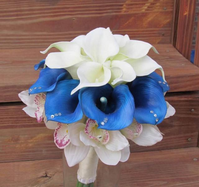 Blue & Ivory Calla Lily Bridal Bouquet With Cymbidium Orchids, Silk ...