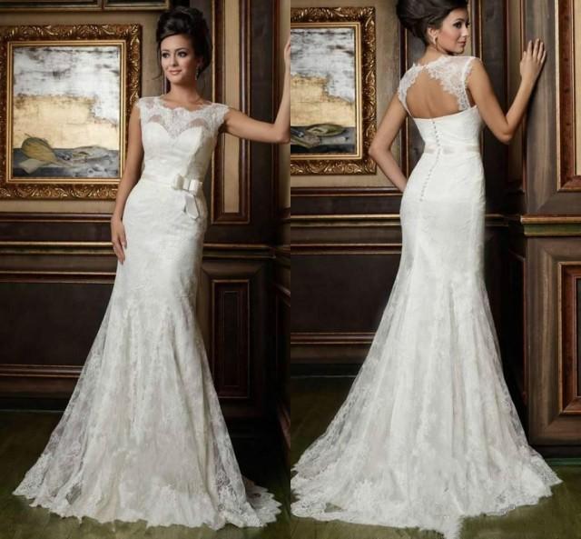 Exquisite Mermaid Wedding Dresses 2015 With Sash Sheer Hollow Back Lace ...