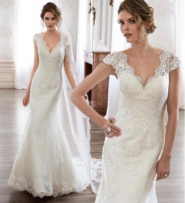 Exquisite Spring Cap Sleeves Wedding Dresses Mermaid 2015 Lace Applique ...