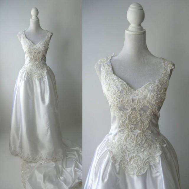 Vintage Wedding Gown, White Satin Wedding Dress, 1980 Wedding Gown ...