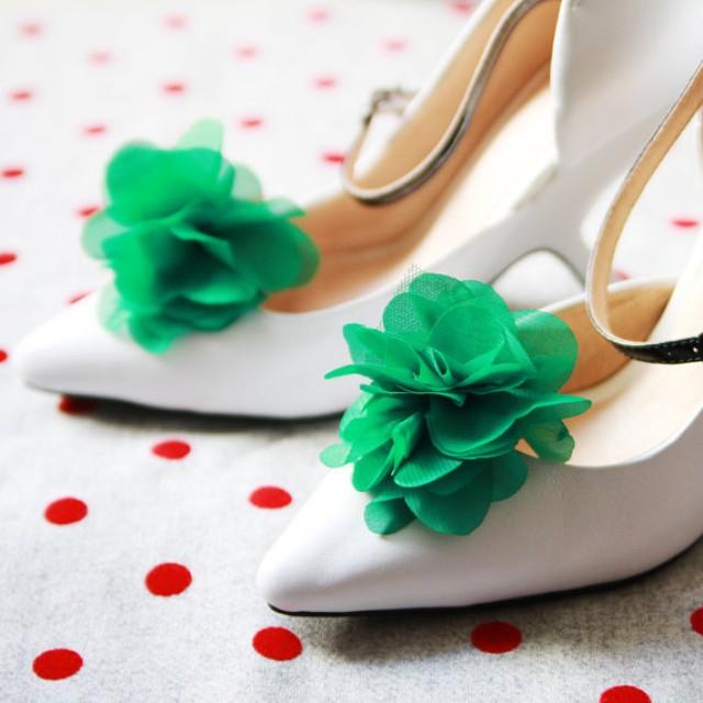 Forest Green Chiffon Flower Shoe Clips - Wedding Shoes Bridal Couture ...