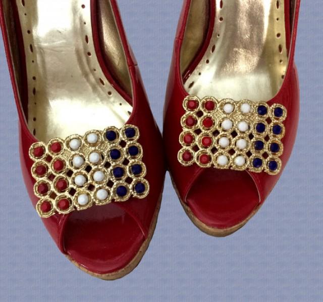 Vintage Shoe Clips - Red/White/Blue Faceted Stones On Gold Tone Metal ...