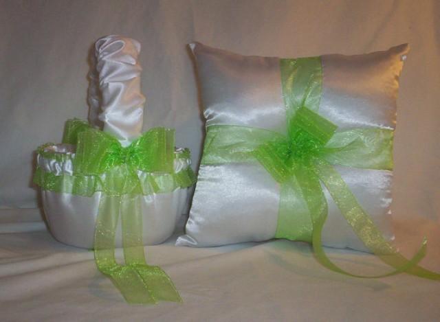 White Satin With Lime Green Ribbon Trim Flower Basket And Ring White Satin With Lime Green Ribbon Trim Flower Basket And Ring Bearer Pillow 2317303 Weddbook