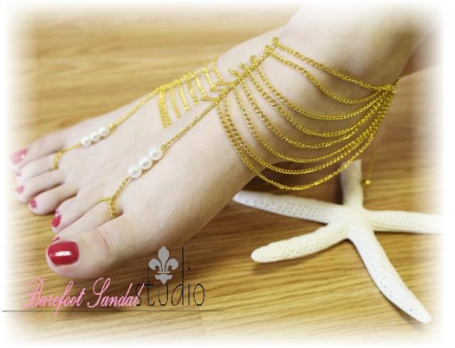 Boho Barefoot Sandals Gold Chain Pearls Womens Barefoot Sandals ...