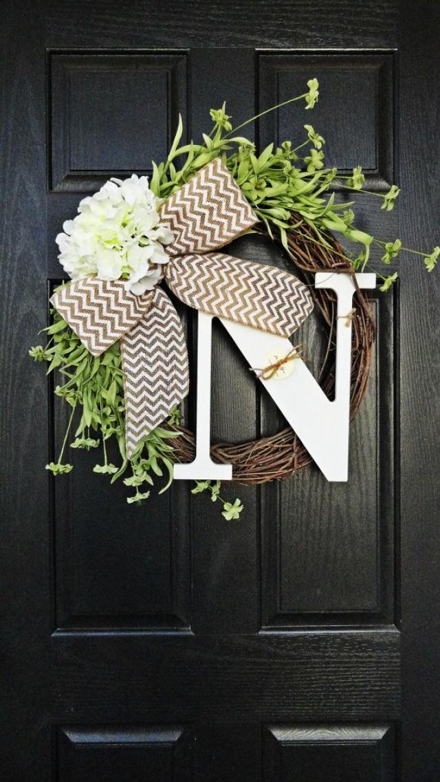 Spring And Summer Wildflower Hydrangea Chevron Burlap Wreath Spring And Summer Wildflower Hydrangea Chevron Burlap Wreath With White Monogram Year Round 2323501 Weddbook