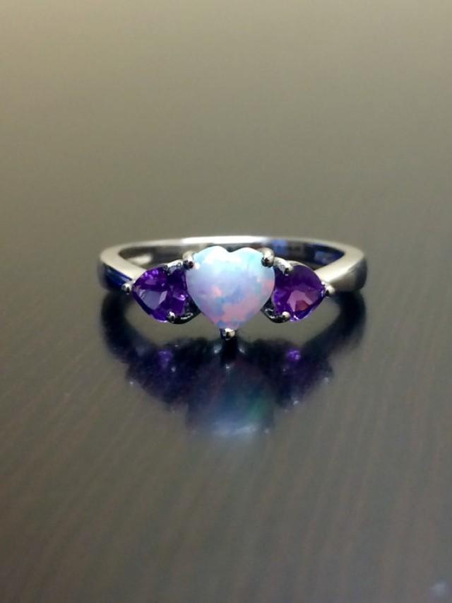 Opal Engagement Ring - Silver Amethyst Opal Heart Ring - Opal Ring ...