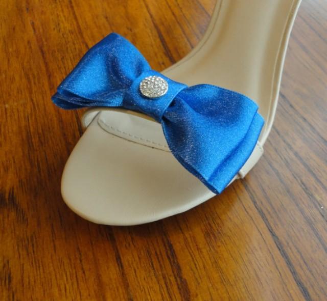 Blue Glitter Satin Ribbon Bow And Rhinestone Shoe Clips Set Of Two ...