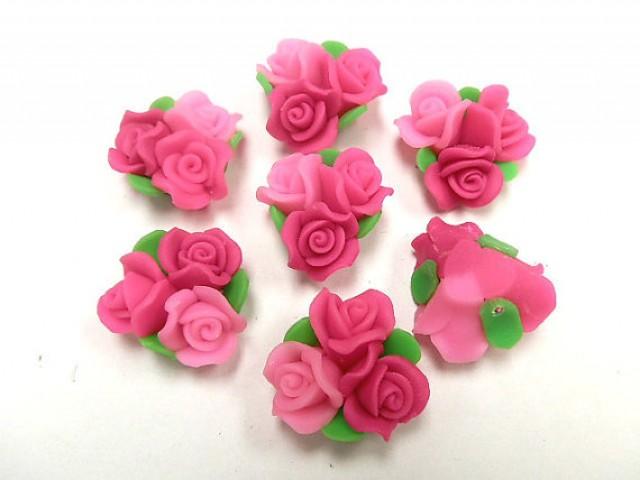 10 Fimo Polymer Clay Pink Fuschia Flower Fimo Beads Bouquet 25mm ...