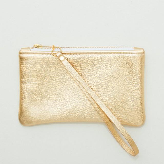 Small Metallic Gold Leather Zipper Wristlet, Zipper Pouch, Cell Phone ...