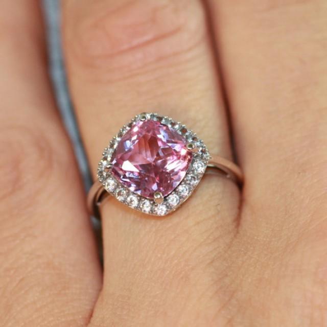 Cushion Cut Pink Sapphire Halo Ring In 10k White Gold Sapphire ...