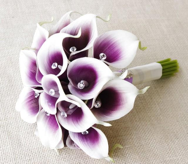 Silk Flower Wedding Bouquet - Purple Heart Calla Lilies Natural Touch ...