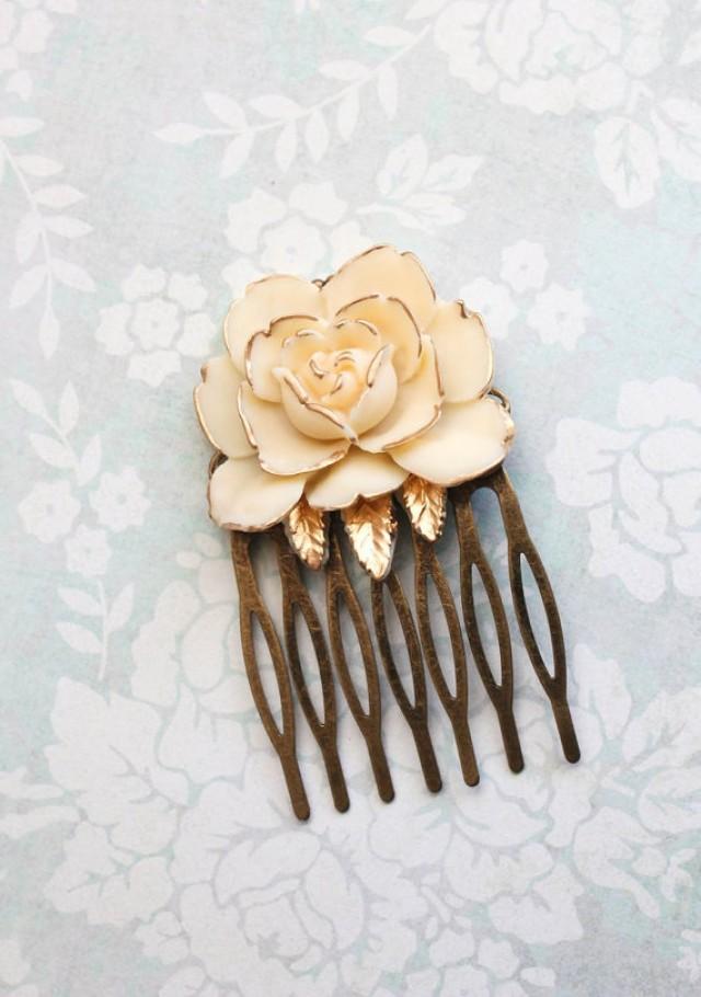 Ivory Cream Rose Hair Comb Gold Petals Bridal Hair Comb Romantic ...