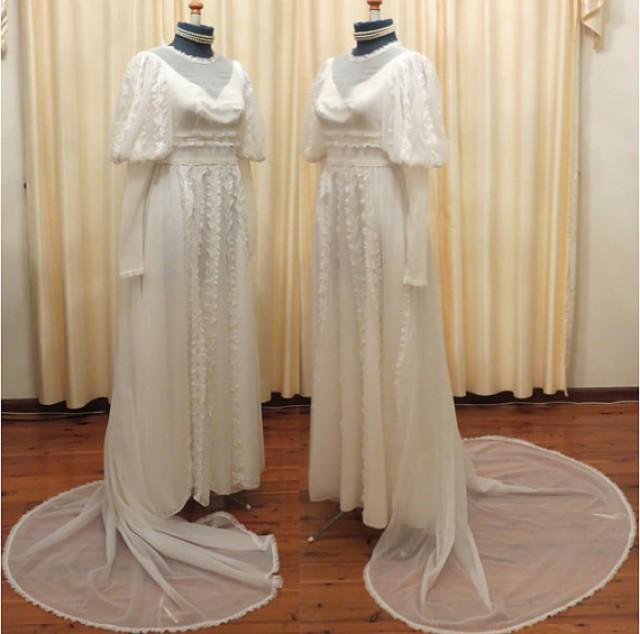 SALE Vintage White Tulle Cathedral Style Wedding Dress With Long Strain ...