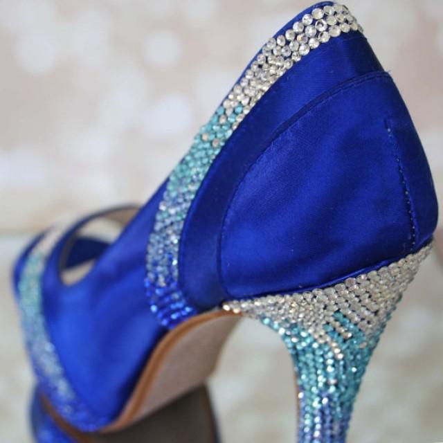 Wedding Shoes -- Royal Blue Platform Peep Toes With Blue Crystal Ombre ...