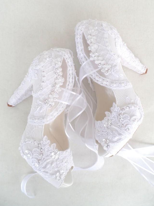 White Embroidered Lace Bridal Shoes With Pearls, 4