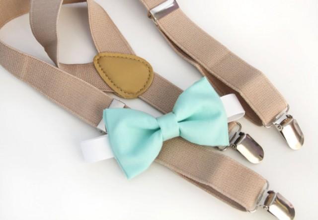 Mint Green Bow-tie & Tan Elastic Suspender Set, Adjustable Neck Strap ...