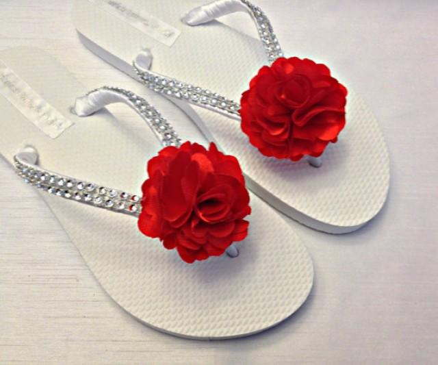 Bridesmaid Flip Flops, Red Flower Flip Flops, Red Satin Flower, Bling ...